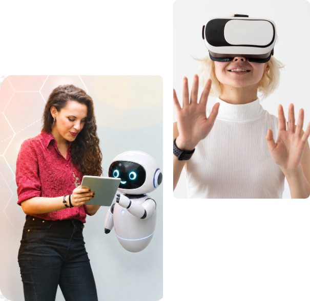 Professional reviewing AI insights with an assistant robot