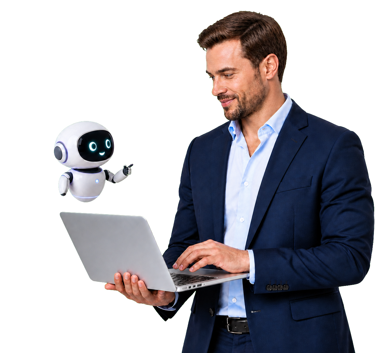 Satisfied AI professional receiving assistance from a robot at his laptop