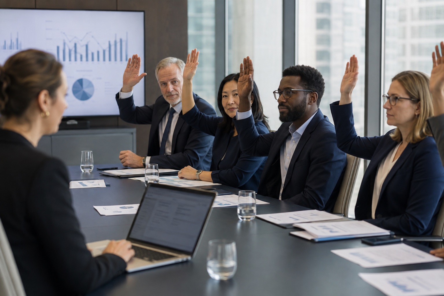 Company shareholders voting on a resolution during a general meeting
