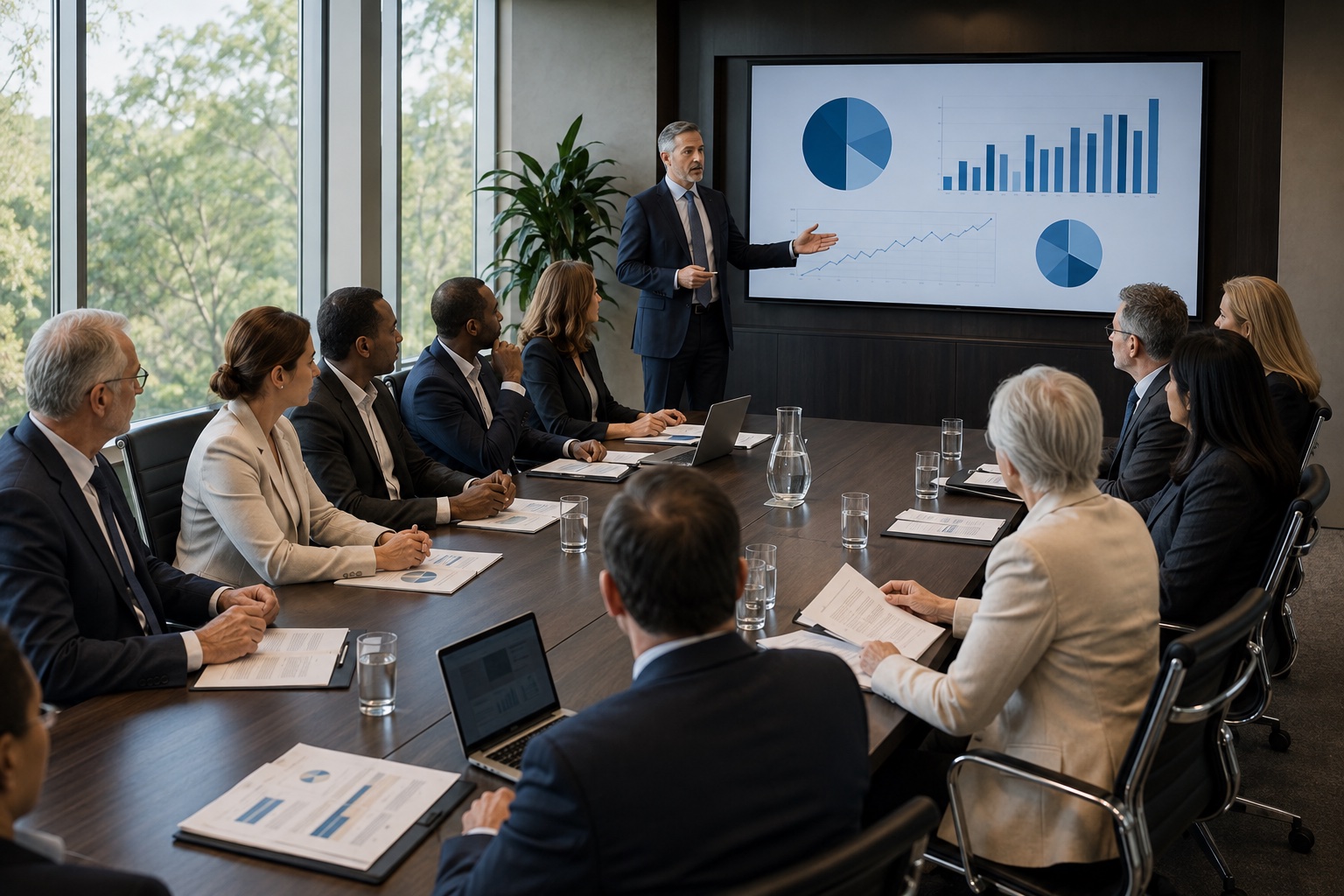 Company shareholders attending an annual general meeting and reviewing financial results